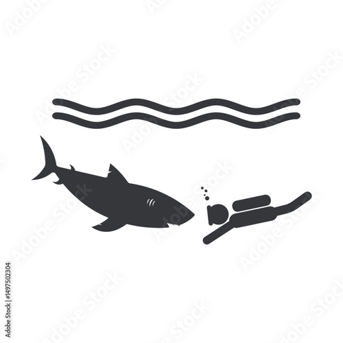 Isolated pictogram warning divers to keep safe distance from sharks, icon danger and underwater safety awareness
