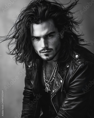 Dramatic black and white portrait of a young man with long hair and intense expression, wearing a leather jacket in a moody studio setting.
