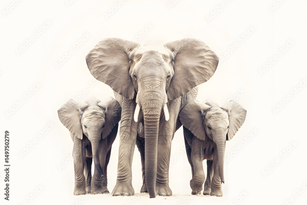 Fototapeta premium Mother elephant with two calves. African wildlife, family bond.