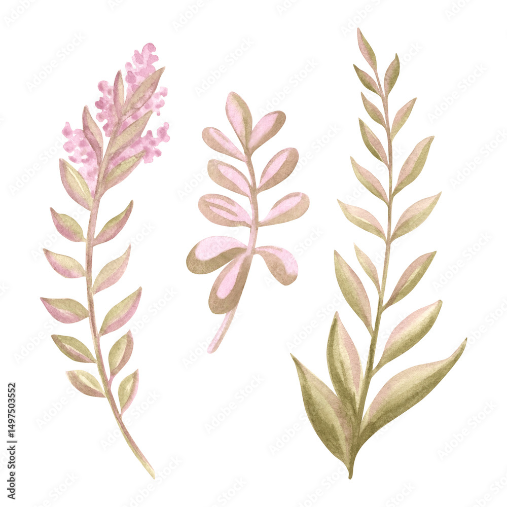 Fototapeta premium Watercolor set of flower twigs. Cute hand drawn violet branches with leaves. Illustration of wildflower botanical elements isolated. Spring purple floral background. Clipart of meadow and field plant.