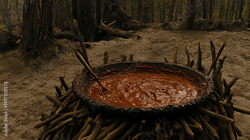Ancient Forest Cooking A Rustic Stew Simmering Over an Open Fire