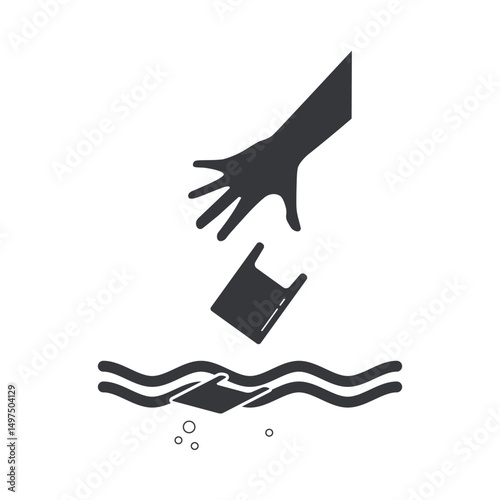 Isolated pictogram sign littering trash on water, hand throw plastic bag on polluted river illustration