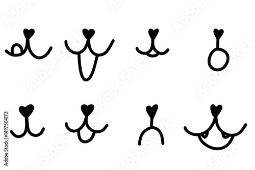 Handdrawn dog face with tongue hanging out. Dog tongue lick mouth and nose. Doodle happy cat face with open mouth. Icons set. Stock vector illustration isolated on white background.