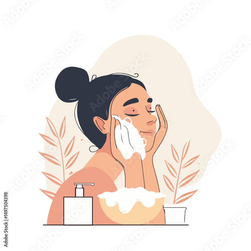 Girl caring skin face with foam. Clean skin after cosmetic. Wash in bath, hygiene. Vector flat llustration