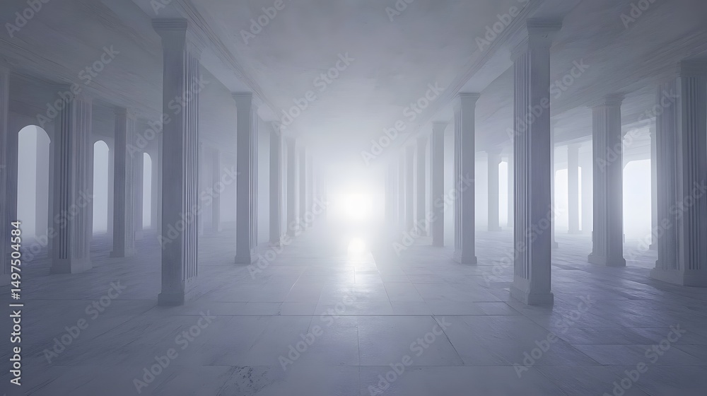 Fototapeta premium Ethereal Foggy Hallway Ancient Columns Marble Floor Architecture Background