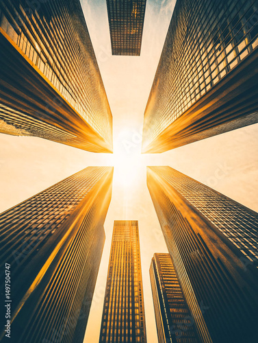 Golden Hour Skyscrapers A Low-Angle View of Modern Architecture