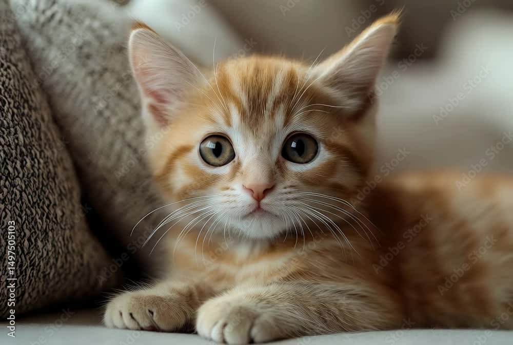 Adorable orange kitten relaxing on soft couch cushions in a cozy indoor setting Adorable orange kitten relaxing on soft couch cushions in a cozy indoor setting