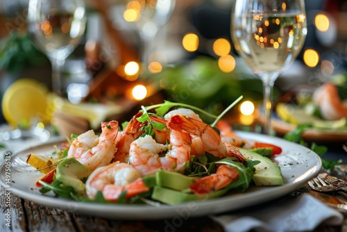 Fresh shrimp and avocado salad with arugula and lemon photo