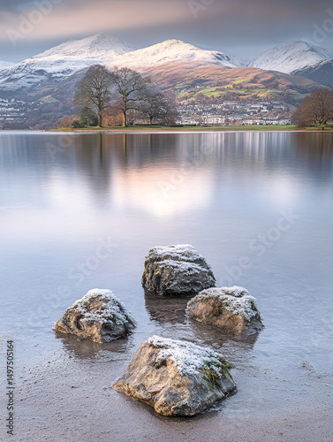 Serene Winter Landscape Snow-capped Mountains Reflected in Calm Lake