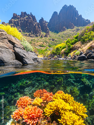 Vibrant Underwater Coral Reef and Dramatic Mountain Landscape