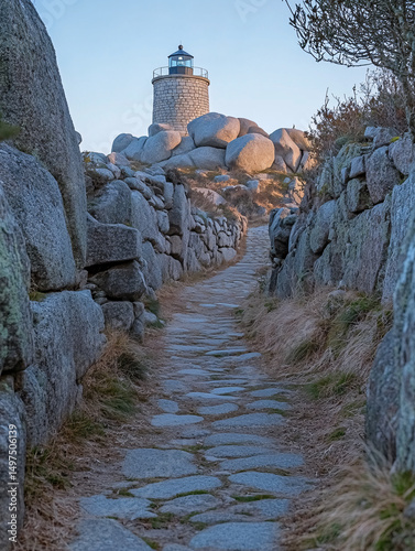 Stone Path Leading to a Coastal Lighthouse at Sunset