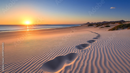 Sunset Beach Scene Footprints in the Sand at Golden Hour