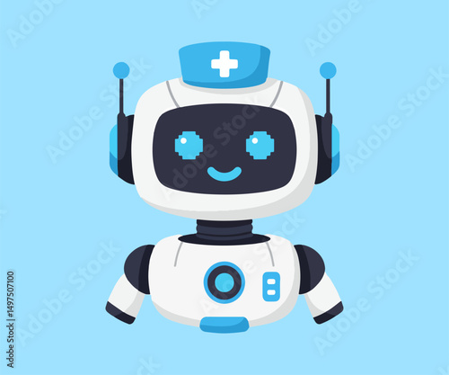 Medical robot doctor wearing nurse cap. Assistant in hospital. Healthcare artificial intelligence technology flat illustration