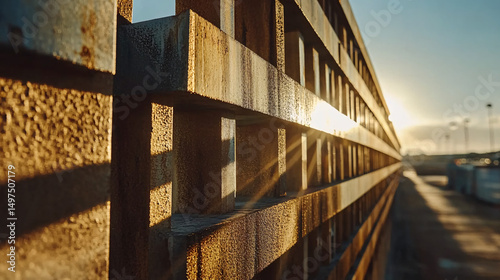 Golden Hour Light Through Rusty Metal Fence Architectural Detail