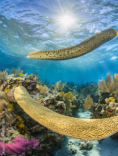 Stunning Underwater Scene Elegant Golden Moray Eels Gracefully Gliding Over Vibrant Coral Reef