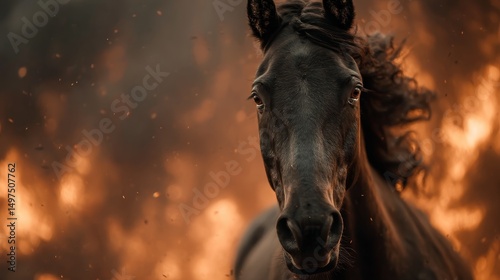 close up black horse head with burning fire with black smoke as background