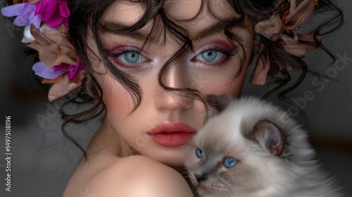 close up face pretty Caucasian woman wearing fancy makeup with a cute cat
