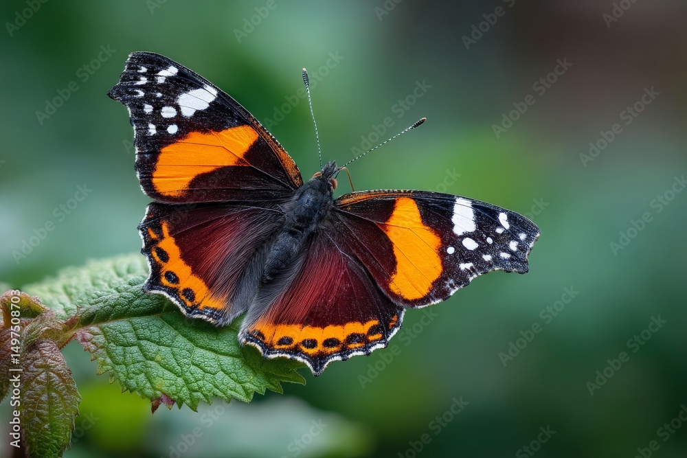 Bright butterfly resting on a green leaf in a garden during daylight Bright butterfly resting on a green leaf in a garden during daylight