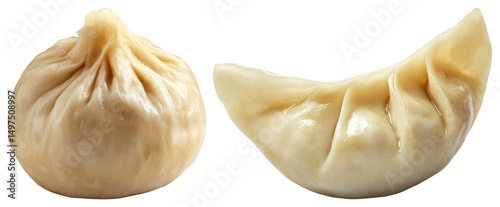 PNG Two steamed dumplings, one round and one crescent-shaped element set on transparent background.