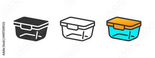 Empty glass food container icon. Cookware pots, lunch box, kitchen bowl vector outline flat and colored illustration.