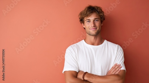 A young man stands confidently with his arms crossed against a warm orange wall. The casual style highlights his relaxed demeanor and inviting smile. A perfect image for lifestyle branding. AI