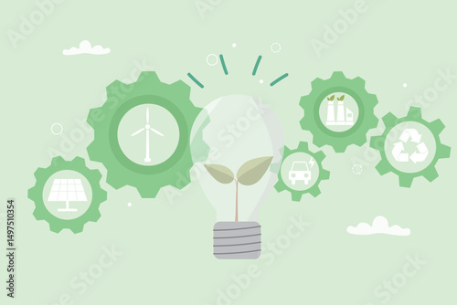 Green Innovation and Clean Energy environmental awareness concept. Plant growing inside a lightbulb with gears, symbolizing sustainable technology and eco-friendly. Vector illustration.
