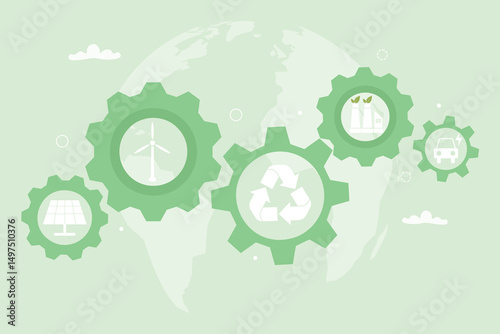 Green Innovation and Clean Energy environmental awareness concept. Gear with eco icon, symbolizing sustainable technology and eco-friendly. Vector illustration.