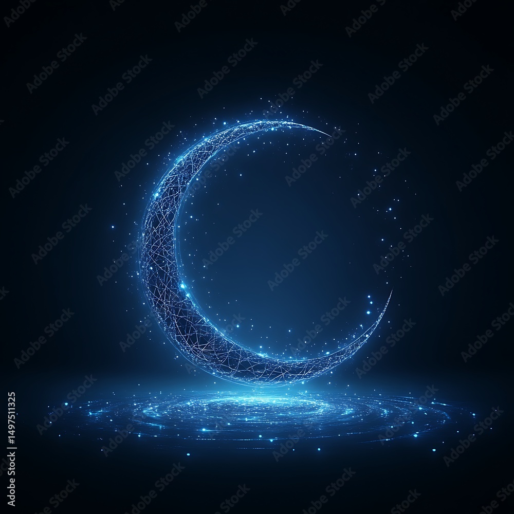 Obraz premium Abstract crescent moon, digital design, glowing lines, cosmic effect