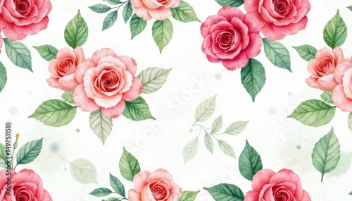 Wallpaper Mural Delicate watercolor roses, lush leaves, seamless repeat, digital, asset Torontodigital.ca