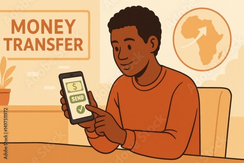Young man sending money to africa using mobile banking app