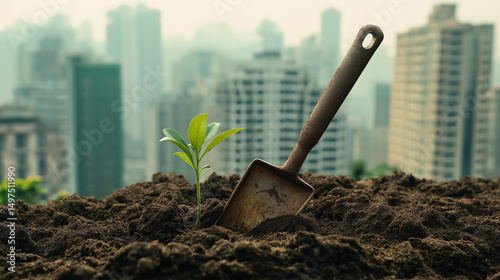 Rusty garden trowel on loose soil with sprouting seedling, rooftop edge, hazy skyline, moody documentary style, muted browns and greens, sharp high-res detail, gritty garden start.
