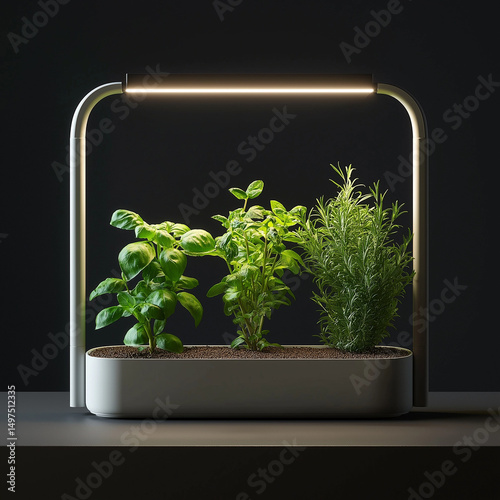 Close-up of rooftop herb garden at night with LED grow light, mint, rosemary, basil, calm mood, green highlights, ultra-detailed, ideal for blogs and social media.
