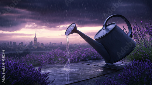 Tilted watering can spilling water on concrete rooftop, scattered lavender buds, stormy city skyline, dramatic low angle, deep purples and grays, high-res, urban gardening’s raw beauty.
