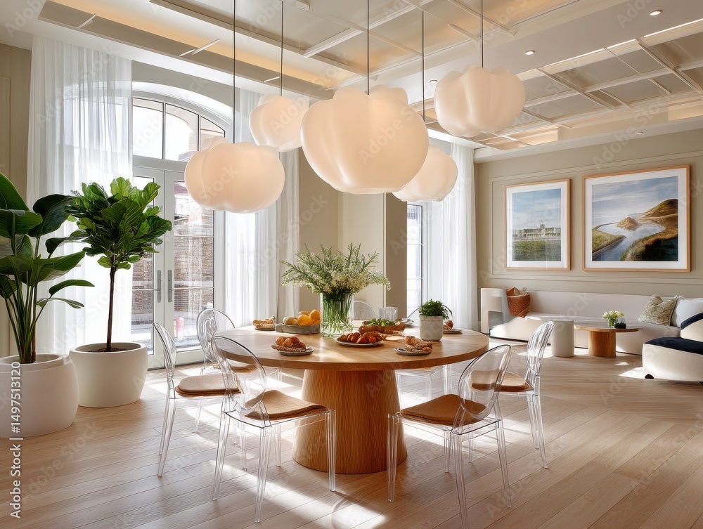 Fototapeta premium Elegant dining area with round table and modern white lighting decor