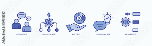 Debt To Done Icon Set Isolated Vector With Icon Of Negotiate, Consolidate, Payoff, Communicate, Prioritize In Blue Style