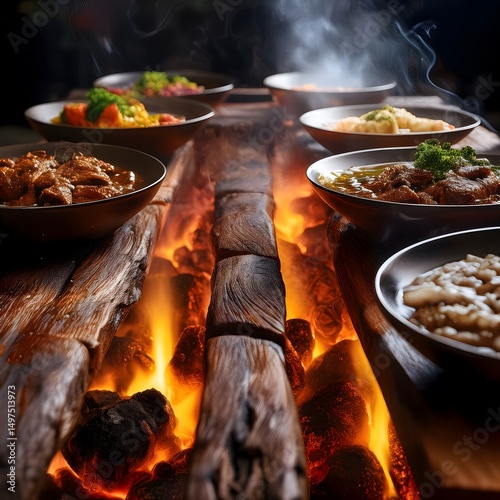 Rustic Food Presentation on Firewood