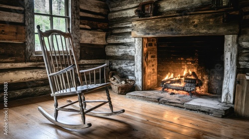 Rustic rocking chair by a crackling fireplace in a log cabin