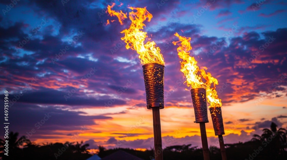 Obraz premium Enjoy the mesmerizing dance of fire from tiki torches as the sun sets.