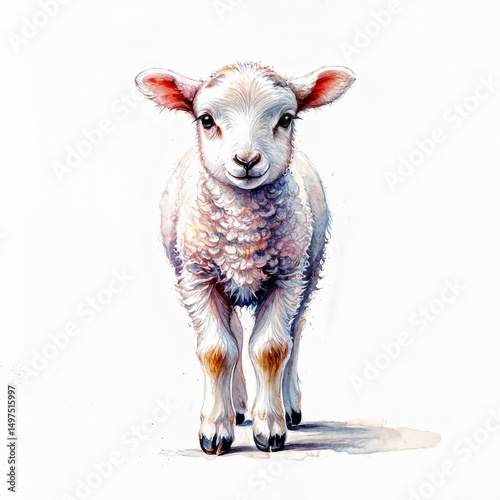A watercolor image of a cute lamb with fluffy wool on a white background