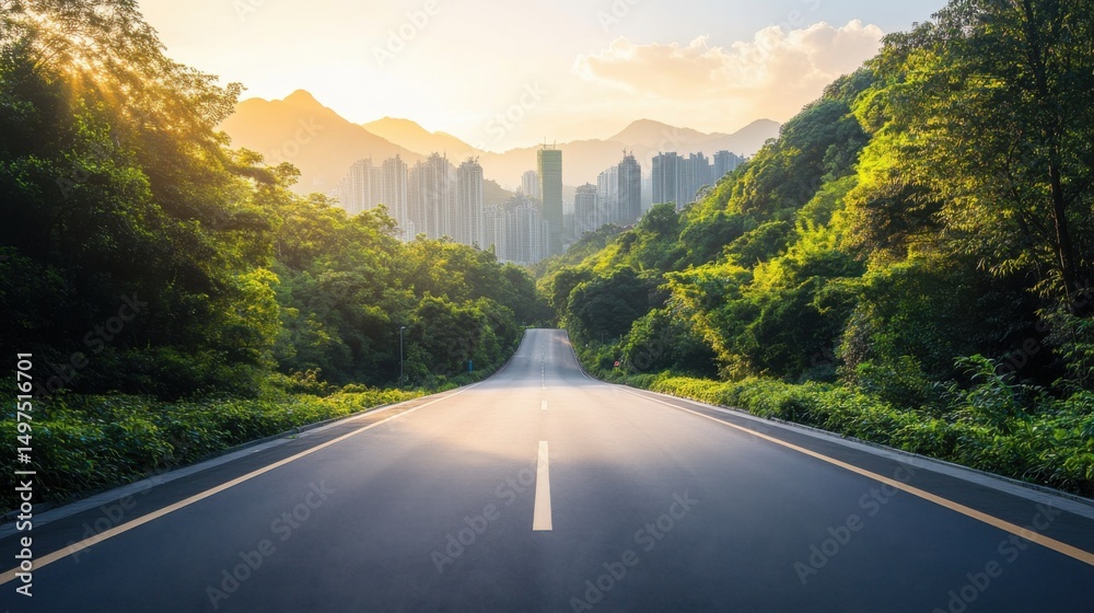 Fototapeta premium Asphalt road leading to a city skyline at sunset.