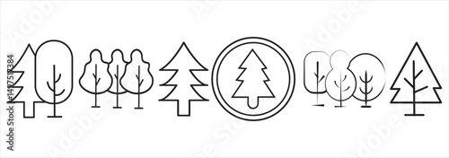 Minimalist Black And White Forest Tree Icons Set of 6 On White Background eps 10