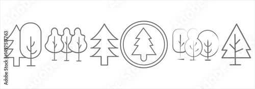 Minimalist Black And White Forest Tree Icons Set of 6 On White Background eps 10