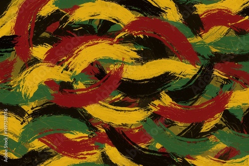 Abstract bold swirl strokes red yellow green black representing Pan-African strength unity identity, perfect background for Juneteenth, Kwanzaa, African heritage events, Black History Month pride