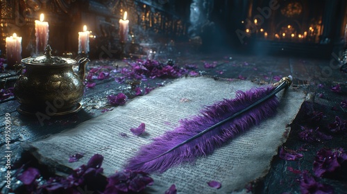A mystical setting with an ancient scroll, a purple feather quill, and flickering candlelight, creating an enchanting atmosphere.