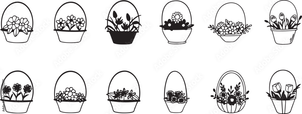Fototapeta premium Floral Basket Clipart Collection. Black and White Flower Baskets.