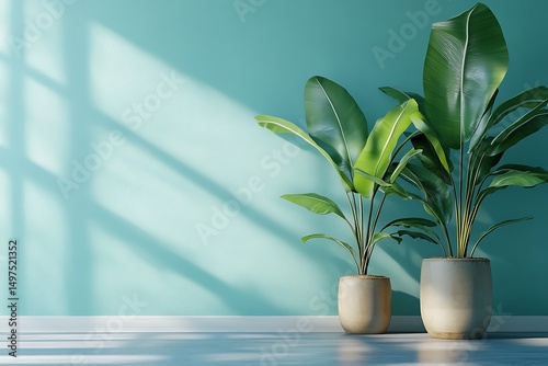 Indoor banana plants in pots against teal wall with sunlight and shadow for interior design