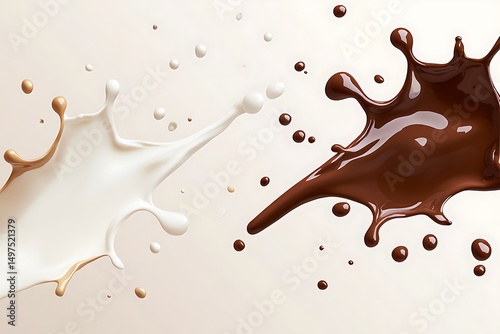 Abstract Milk and Dark Chocolate Swirls on a Soft Beige Background, Splashes & Drops