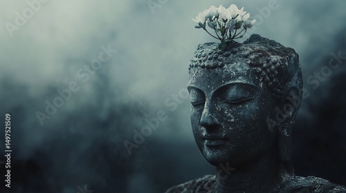 Ancient Buddha statue, serene posture, ethereal setting