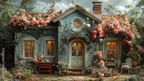 A charming blue cottage surrounded by blooming roses and lush greenery, evoking feelings of tranquility and romance