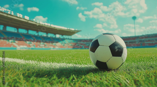 Soccer Ball in a Stadium. A classic black and white soccer ball on green grass in the center of a stadium, generative ai